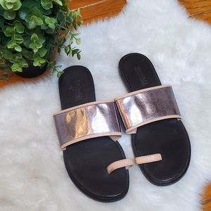 MICHAEL / Michael Kors Leather Metallic Intial MK Slide Flat Sandals Siz…